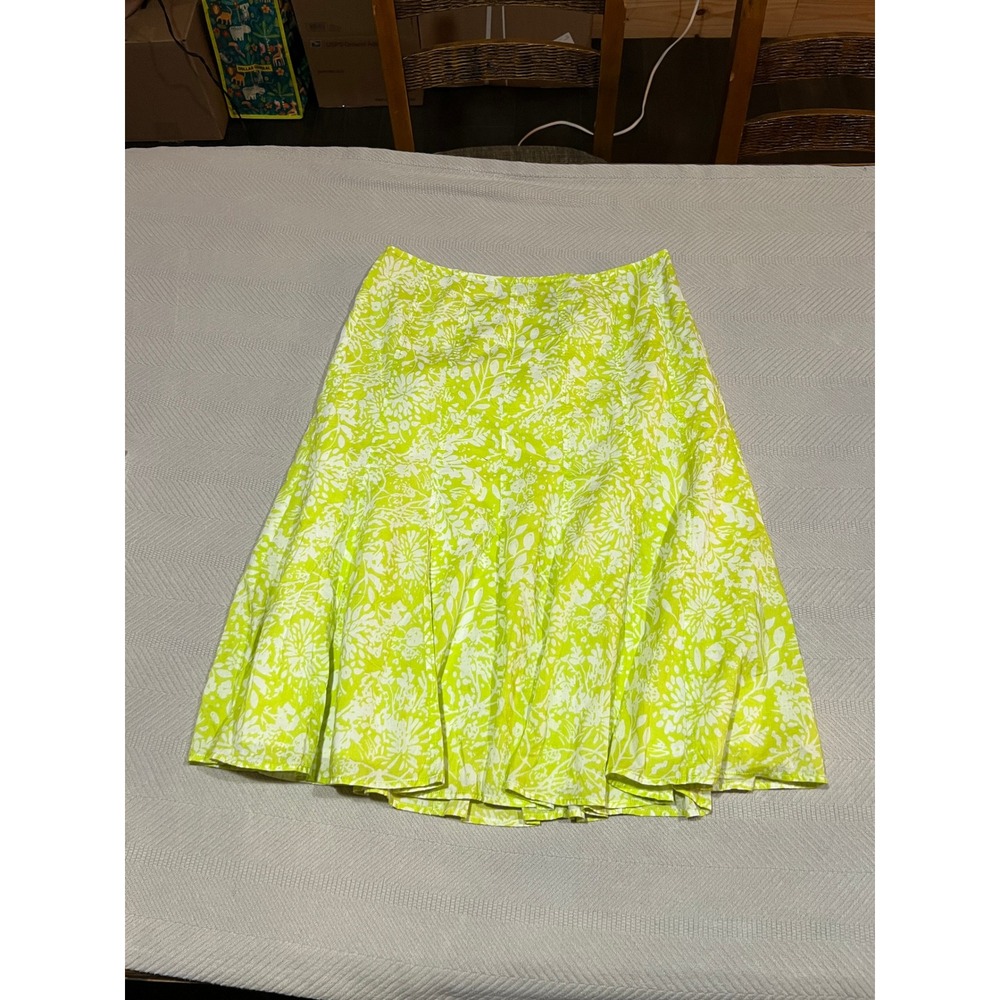 Liz Claiborne A-Line Midi Lime Green Boho Floral Flare Cotton Skirt Womens Small